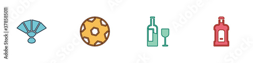 Set Fan flamenco, Football ball, Wine bottle with glass and Orujo icon. Vector.