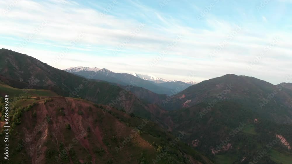 Central Asia mountain landscape panorama in early morning, shot by drone Central Asia mountain landscape panorama in early morning, shot by drone