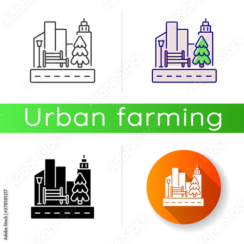 Street landscaping icon. City sidewalk. Public park. Growing tree in town. Skyscrapers with traffic. Driveway near buildings. Linear black and RGB color styles. Isolated vector illustrations