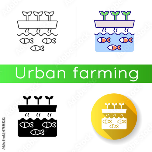 Aquaponics icon. Fish tank with water. Drain drip to tunk for nourishment. Agricultural business. Sustainable biotechnology. Linear black and RGB color styles. Isolated vector illustrations