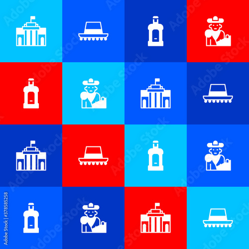 Set Prado museum, Spanish hat, Orujo and Bullfight, matador icon. Vector.