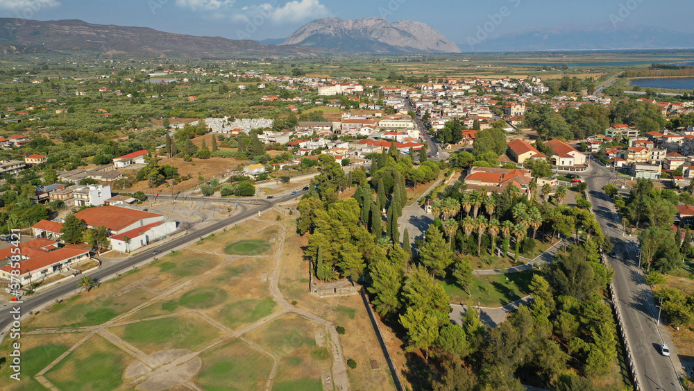 Aeria drone photo of famous Garden of Heroes memorial park, an historical landmark in the heart of Messolongi town, Aitoloakarnania, Greece
