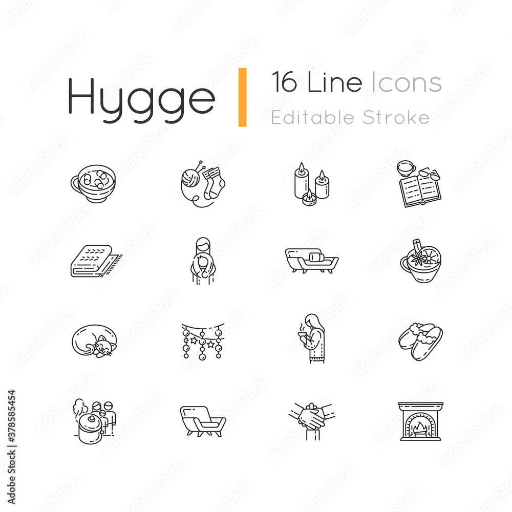 Cozy danish trend linear icons set. Scandinavian christmas hygge. Customizable thin line contour symbols. New Year decoration ideas. Isolated vector outline illustrations. Editable stroke