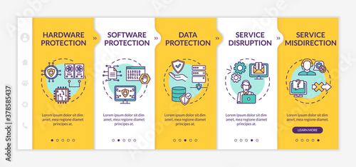 Security solutions onboarding vector template. Software, data protection. Service disruption. Responsive mobile website with icons. Webpage walkthrough step screens. RGB color concept
