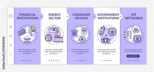 Systems at risk onboarding vector template. Financial, government institutions. IoT networks. Responsive mobile website with icons. Webpage walkthrough step screens. RGB color concept