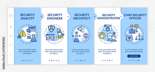 Cybersecurity careers onboarding vector template. Security analyst, engineer, architect, chief officer. Responsive mobile website with icons. Webpage walkthrough step screens. RGB color concept
