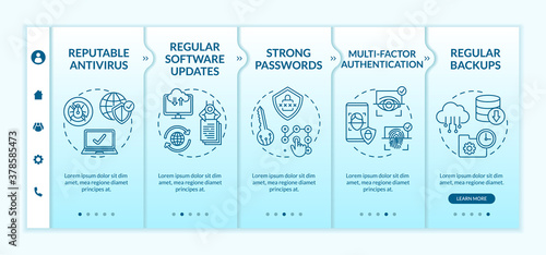 Security and privacy tools onboarding vector template. Antivirus, software updates, strong passwords. Responsive mobile website with icons. Webpage walkthrough step screens. RGB color concept