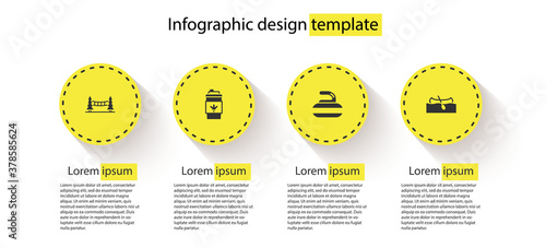 Set Capilano Suspension Bridge, Coffee cup to go, Stone for curling and Kayak canoe. Business infographic template. Vector.