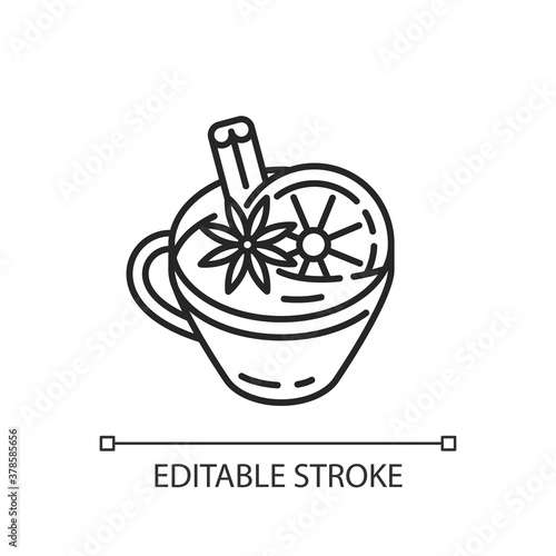 Mulled wine linear icon. Winter holiday hot drinks. Spiced beverage. Christmas warm drink. Thin line customizable illustration. Contour symbol. Vector isolated outline drawing. Editable stroke