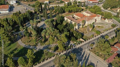 Aeria drone photo of famous Garden of Heroes memorial park, an historical landmark in the heart of Messolongi town, Aitoloakarnania, Greece