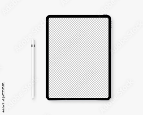 Realistic tablet with pencil. Tablet with transparent screen. Mockup isolated. Template design. Vector illustration.