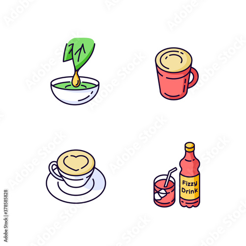 Beverages RGB color icons set. Herbal extract. Cappuccino in mug. Iced fizzy soft drink. Latte in glass cup with heart on foam. Carbonated beverage in bottle for party. Isolated vector illustrations
