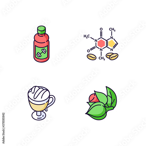 Drinks and ingredients RGB color icons set. Caffeine formula. Guarana plant. Coffee cup. Energy drink. Frappe in glass mug. Macchiato from coffeehouse. Isolated vector illustrations