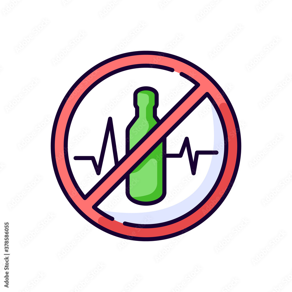 Health warning RGB color icon. Label with cross over bottle. Stop addiction. Drink negative side effect. Toxic product. Attention for unhealthy liquid. Isolated vector illustration Health warning RGB color icon. Label with cross over bottle. Stop addiction. Drink negative side effect. Toxic product. Attention for unhealthy liquid. Isolated vector illustration