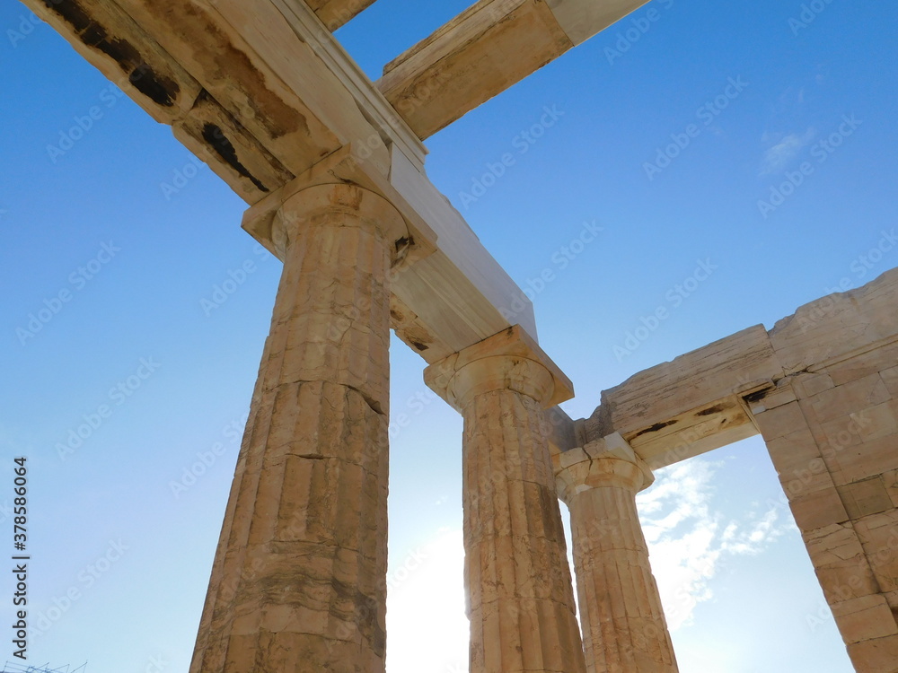 Inside view of the monumental gateway to the ancient Acropolis of Athens, or Propylaea, in Greece