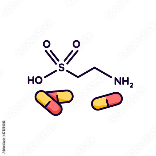 Taurine RGB color icon. Scientific formula for organic compound. Energy drink supplement. Pharmaceutical additive. Atomic bond of organic drug product. Isolated vector illustration