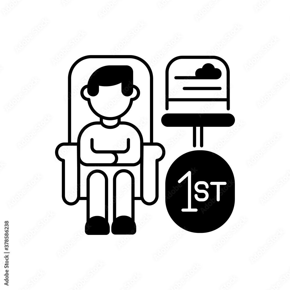 First class travel black linear icon. Luxury railway tourism, premium service outline symbol on white space. Travel with comfort, business trip. Booking best seats. Vector isolated illustration First class travel black linear icon. Luxury railway tourism, premium service outline symbol on white space. Travel with comfort, business trip. Booking best seats. Vector isolated illustration