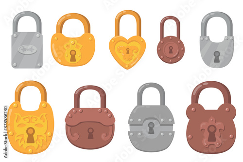 Iron padlocks flat icon set. Cartoon key locks for safety and security protection isolated on white background vector illustration collection. Secure mechanisms and encryption concept