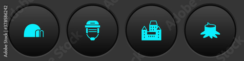 Set Igloo ice house, Hockey helmet, Chateau Frontenac hotel and Tree stump icon. Vector.