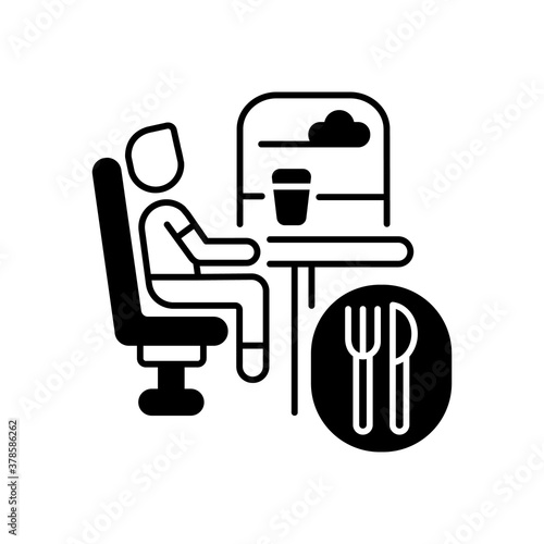 Dining car black linear icon. Traveling with comfort, train restaurant. Train service, onboard buffet outline symbol on white space. Passenger eating meal on trip vector isolated illustration