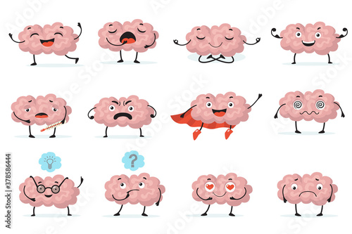 Cute brainy character expression flat icon set. Cartoon brain with emotions on white background isolated vector illustration collection. Brainpower, mind and intelligence concept