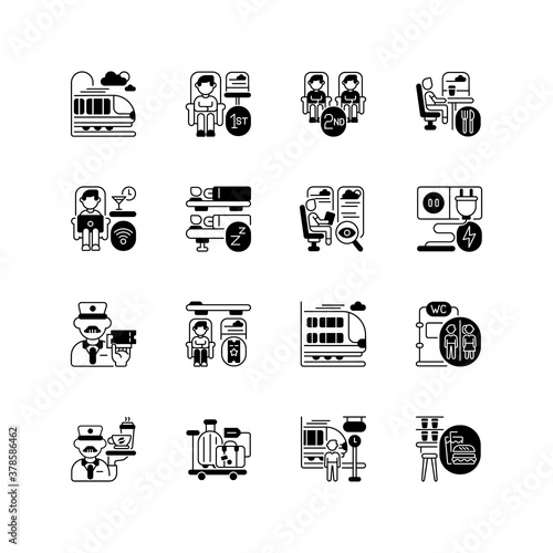 Train services black linear icons set. City travel, railroad transportation glyph contour symbols. Modern railway commuting, passenger train tickets booking. Vector isolated outline illustrations