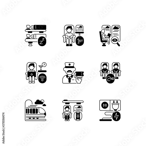 Railroad travel black linear icons set. Affordable and first class train services glyph contour symbols. Railway transportation, urban and intercity commuting. Vector isolated outline illustrations