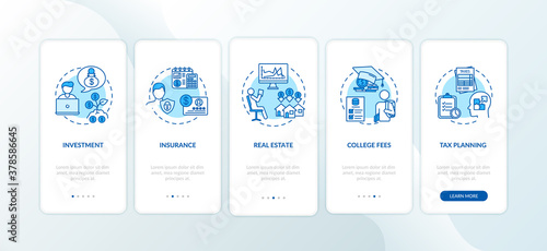 Financial literacy application onboarding mobile app page screen with concepts. Investing advice walkthrough 5 steps graphic instructions. UI vector template with RGB color illustrations