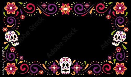 Day of dead mexican carnival celebration frame design with sugar skull. Dia de muertos Holiday flower border. Vector illustration.