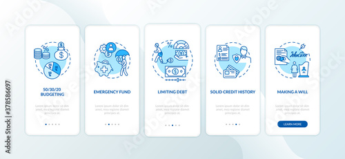 Best saving strategies onboarding mobile app page screen with concepts. Money using tips steps walkthrough 5 steps graphic instructions. UI vector template with RGB color illustrations