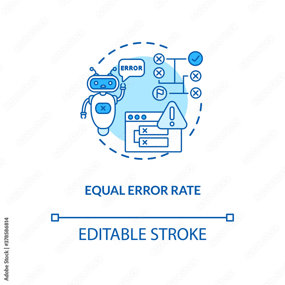 Equal error rate concept icon. Not working biometrics system. Biometric system performance analysis ideas idea thin line illustration. Vector isolated outline RGB color drawing. Editable stroke Equal error rate concept icon. Not working biometrics system. Biometric system performance analysis ideas idea thin line illustration. Vector isolated outline RGB color drawing. Editable stroke