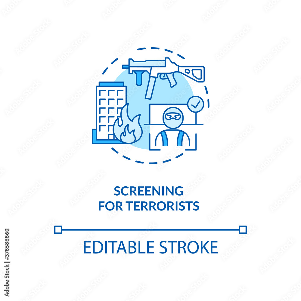 Screening for terrorists concept icon. Surveillance futuristic security center. Biometrics system usage ideas idea thin line illustration. Vector isolated outline RGB color drawing. Editable stroke Screening for terrorists concept icon. Surveillance futuristic security center. Biometrics system usage ideas idea thin line illustration. Vector isolated outline RGB color drawing. Editable stroke