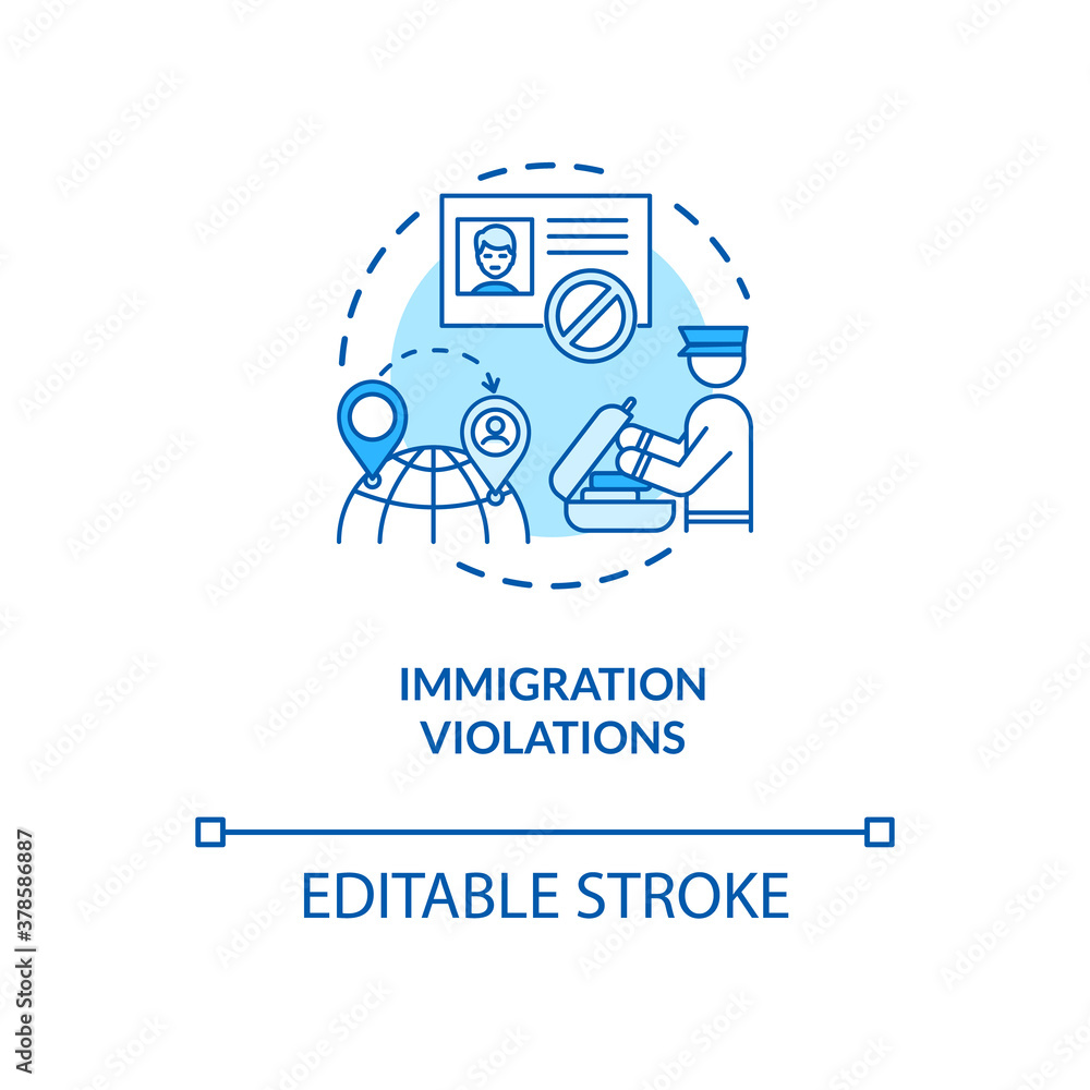 Immigration violations concept icon. Border crossing security system. Biometrics safe keeping technologies ideas idea thin line illustration. Vector isolated outline RGB color drawing. Editable stroke Immigration violations concept icon. Border crossing security system. Biometrics safe keeping technologies ideas idea thin line illustration. Vector isolated outline RGB color drawing. Editable stroke
