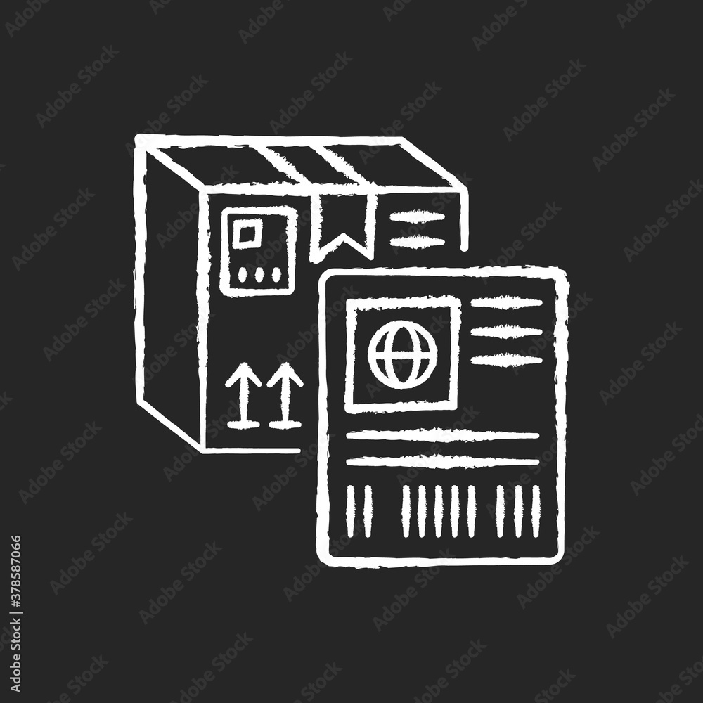 Shipping label chalk white icon on black background. Postal service, commercial shipment ID. Unique tag with information about package. Cardboard box isolated vector chalkboard illustration
