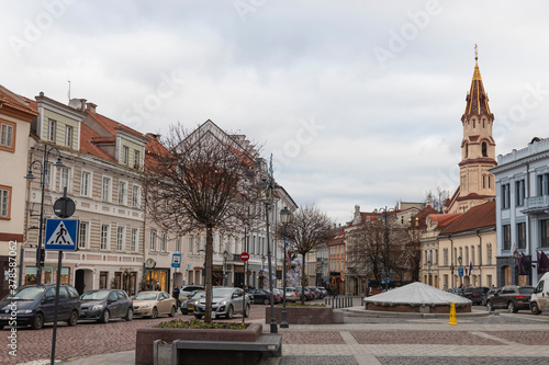 12-19-2019. Vilnius, Lithuania. Cobbled Town Hall Square in the central part of the old town.