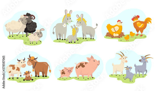 Cute farm animals family flat illustration set. Cartoon domestic goat, sheep, chicken, cow, pig, donkey isolated vector illustration collection. Educational activity for children and toddlers concept