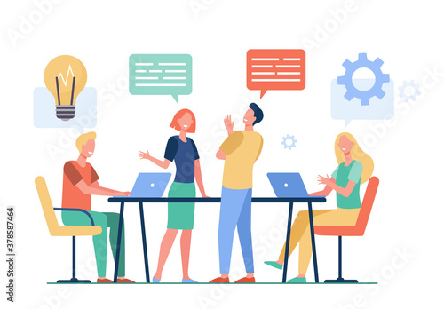 Business team planning working process flat vector illustration. Cartoon colleagues talking, sharing thoughts and smiling in company office. Teamwork and workflow concept