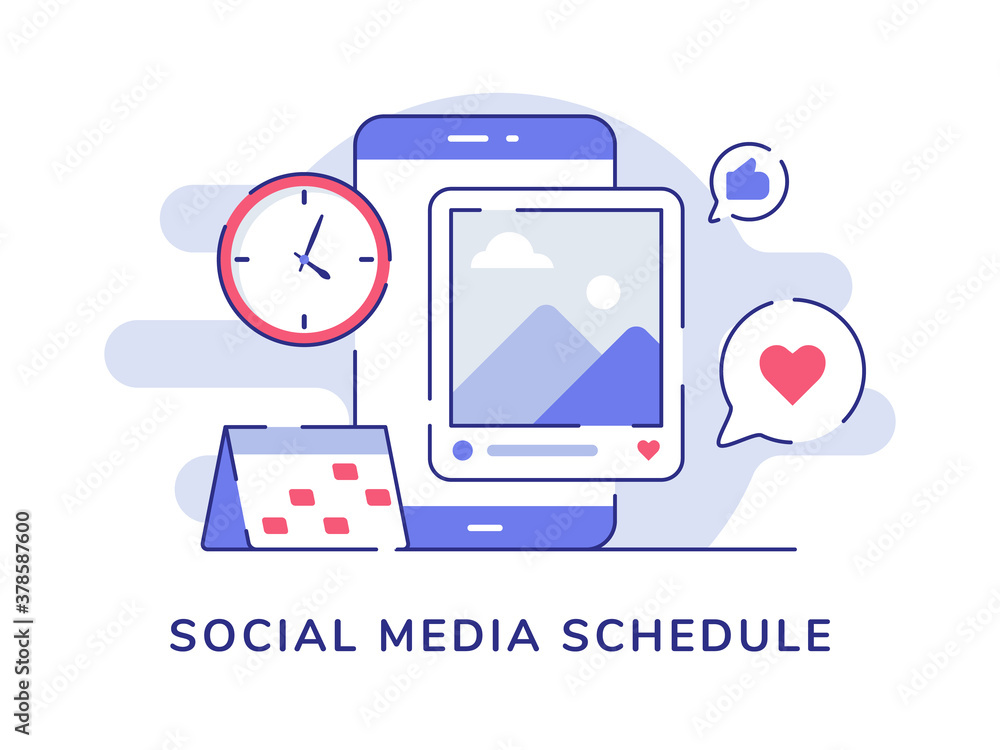 Social media schedule picture post on display smartphone screen feedback like heart with flat outline style Social media schedule picture post on display smartphone screen feedback like heart with flat outline style