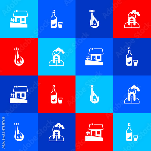 Set Ukrainian house, Vodka with pepper and glass, Bandura and cossack icon. Vector.