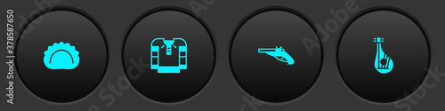 Set Dumplings, Embroidered shirt, Vintage pistols and Bandura icon. Vector.