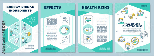Energy drinks ingredients brochure template. Health risks. Flyer, booklet, leaflet print, cover design with linear icons. Vector layouts for magazines, annual reports, advertising posters