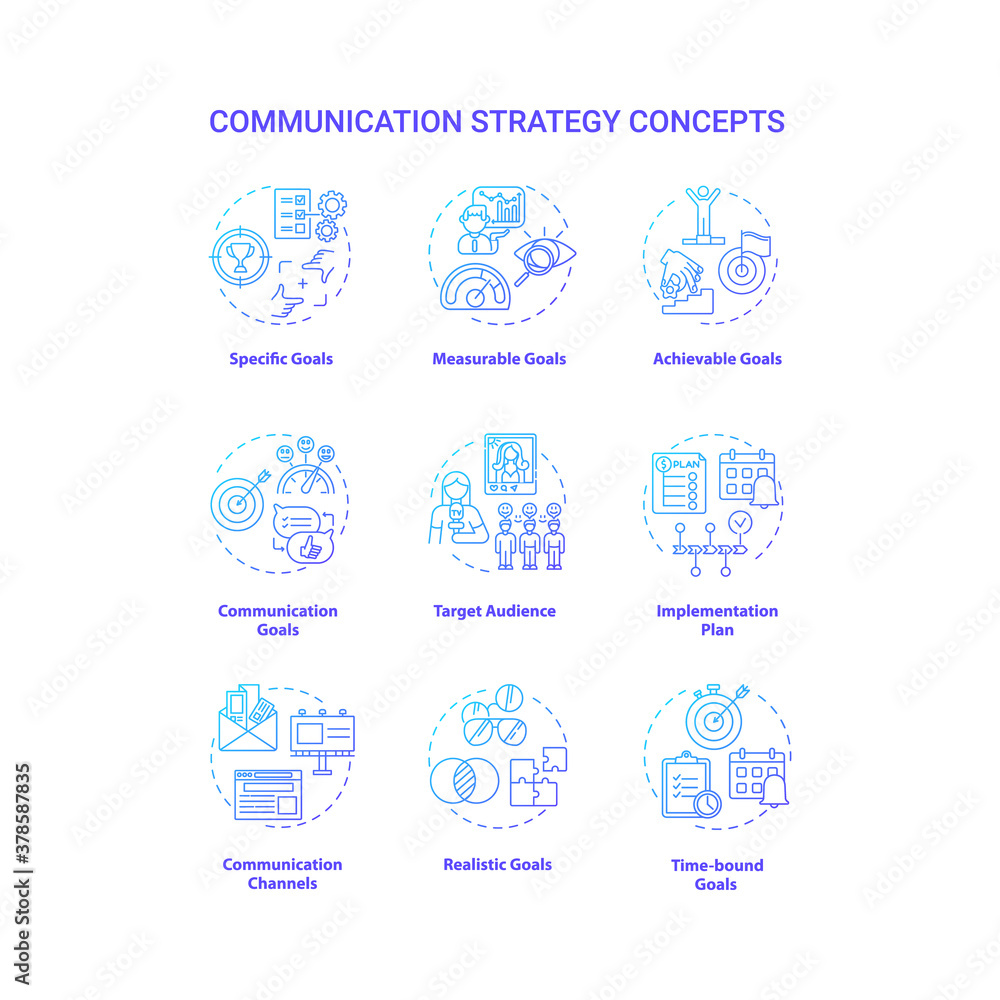Communication strategy concept icons set. Communication channels. Specific realistic goals. Target audience idea thin line RGB color illustrations. Vector isolated outline drawings