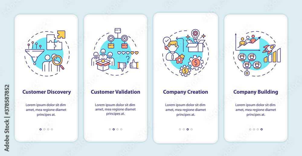 Customer development framework onboarding mobile app page screen with concepts. Communication strategies walkthrough 4 steps graphic instructions. UI vector template with RGB color illustrations