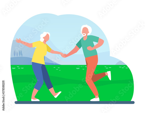 Senior couple dancing outdoors. Old man and woman dancing rock-n-roll flat vector illustration. Active lifestyle, leisure time together concept for banner, website design or landing web page