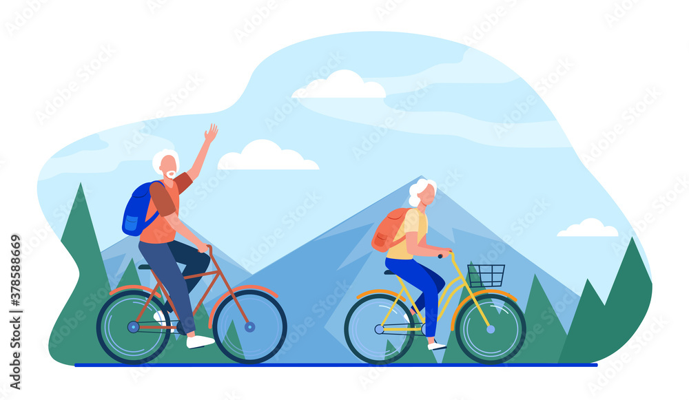 Senior couple riding bikes outdoors. Old man and woman cycling in mountains flat vector illustration. Active lifestyle, leisure, activity concept for banner, website design or landing web page