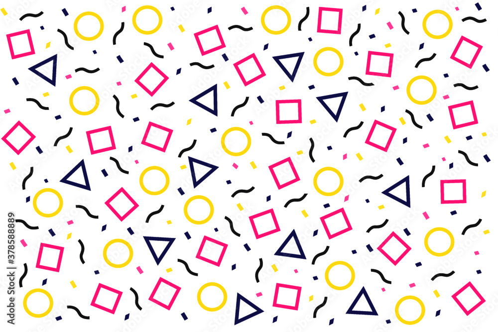 Seamless memphis pattern abstract vector background. Geometric design with pink, yellow and dark blue icons. Circle, square and triangle geometric figure shapes, memphis art seamless vector background Seamless memphis pattern abstract vector background. Geometric design with pink, yellow and dark blue icons. Circle, square and triangle geometric figure shapes, memphis art seamless vector background