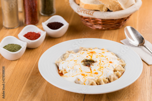 Turkish Pasty or Manti Manlama / Ravioli with yogurt and fried butter sauce.