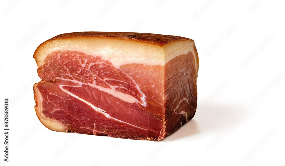 Cold smoked pork isolated on white background. Cured meat smoked at low temperature. Rectangular piece of boneless pork ham. Traditional meat delicacy. Cold smoked pork isolated on white background. Cured meat smoked at low temperature. Rectangular piece of boneless pork ham. Traditional meat delicacy.