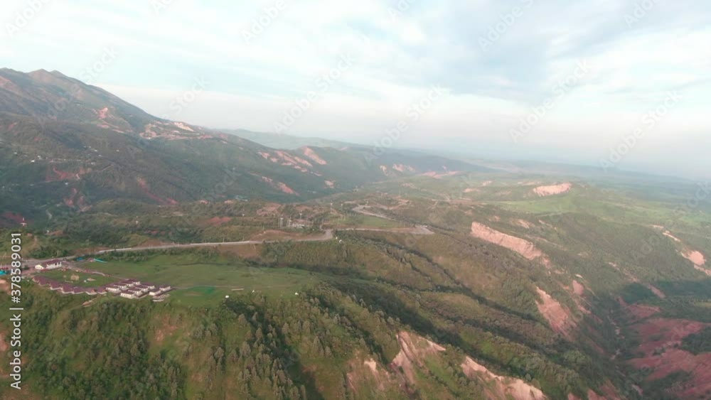 Central Asia mountain landscape panorama in early morning, shot by drone Central Asia mountain landscape panorama in early morning, shot by drone