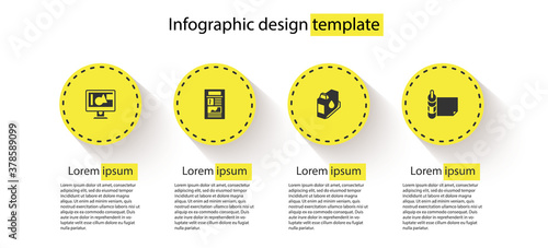 Set Computer monitor screen, News, Printer ink cartridge and Roll of paper. Business infographic template. Vector.